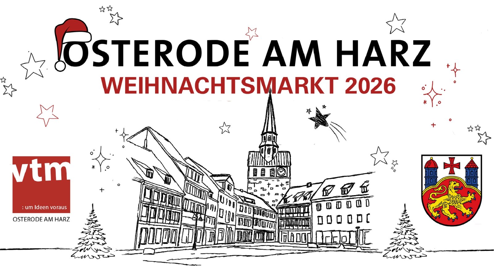Motiv der Sammeltasse 2026: gezeichneter Kornmarkt mit Kirchturm, Schriftzug Osterode am Harz Weihnachtsmarkt 2026, vtm-Logo und Stadtwappen